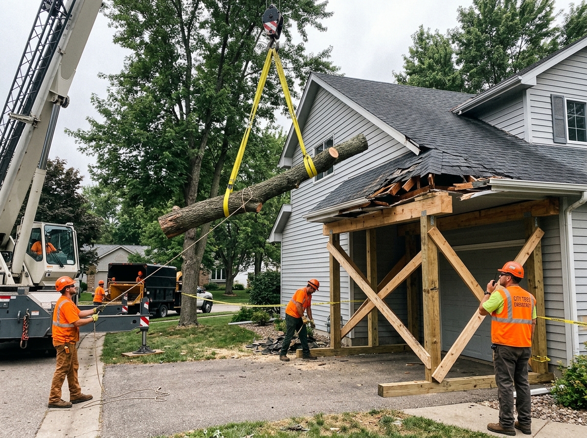 Fallen Tree Removal & Roof Truss Shoring: Crane Rigging & Bracing